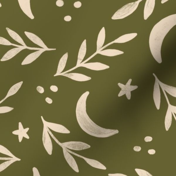 Midnight dust tiny moons and branches - Olive green - Large scale