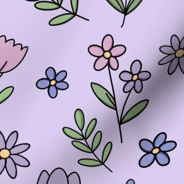 Watercolor Flower Doodles Cute Floral Design Seamless Pattern - Lilac