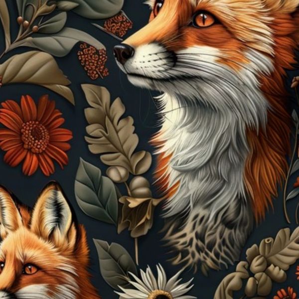 Large - Fox in a Tangle of Fall Foliage and Forest Florals