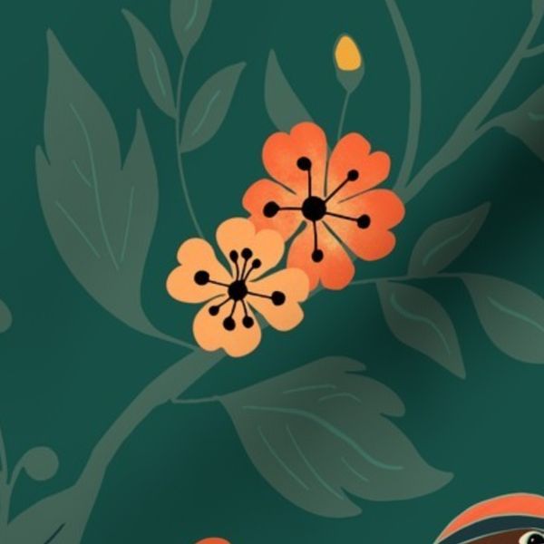 Mid-century modern birds and florals - vintage on emerald green Large