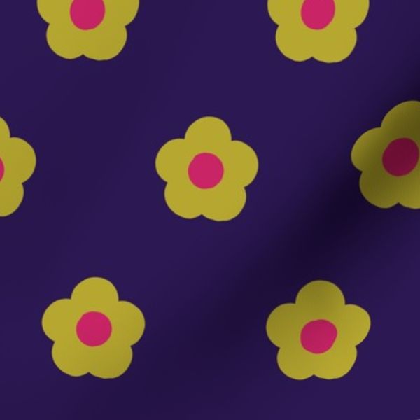Medium scale tossed dot flower in yellow and pink on purple