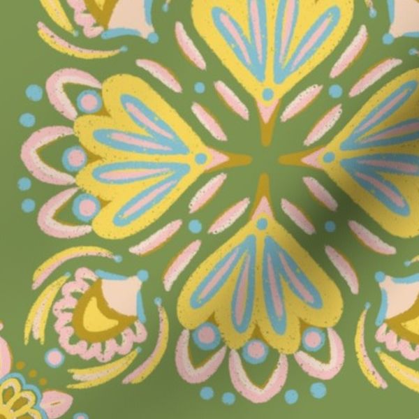 Pastel Folk Tile in Pink Yellow Mustard and Blue on Avocado Green