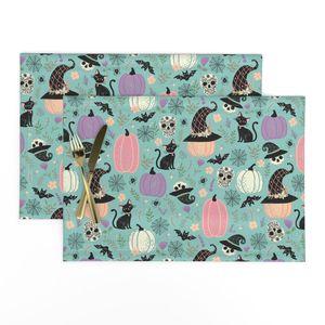 Pastel Fall HALLOWEEN Pumpkin mix - Cats Spiders Skulls Bats Flowers teal