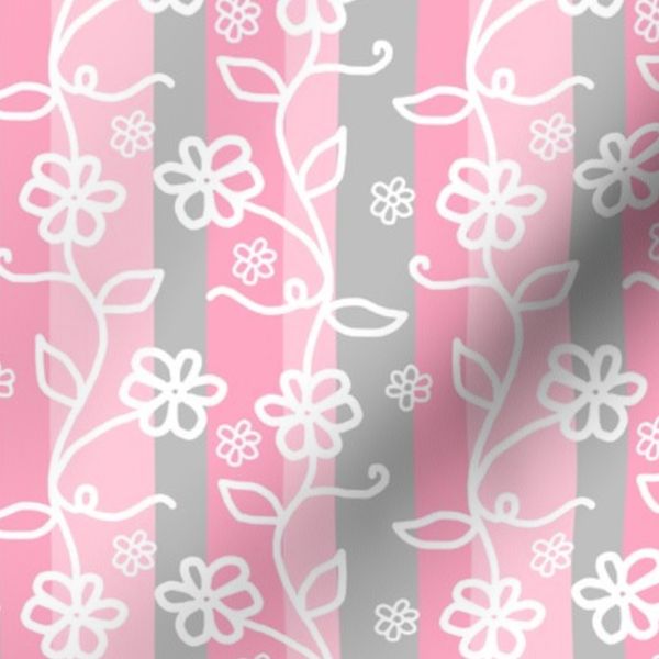 Cottage Core White Line Art Floral Daisy Vine on Pink Gray Stripes Girl xxs