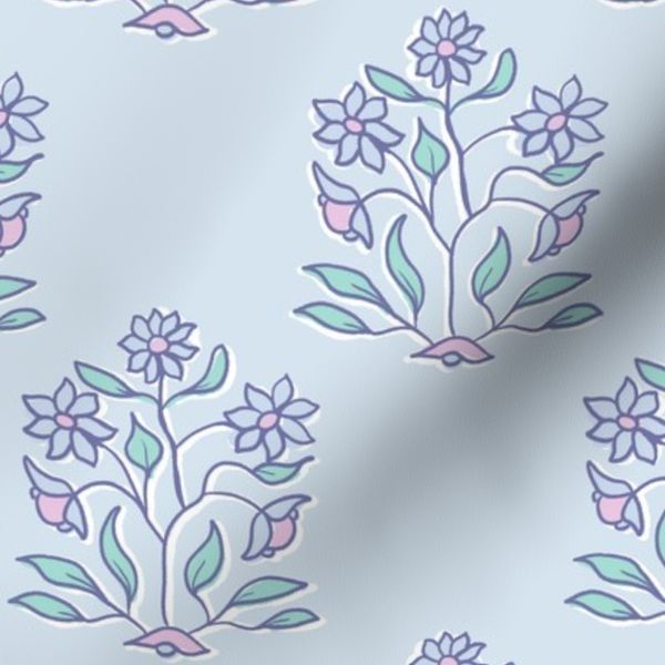 Large - Boho Daisy Floral Block Print Style in Light Blue & Pink & Green