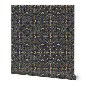 Golden Moths and Crescent Moons Symmetry on Midnight Blue Art Deco Style S