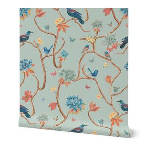 Fall Chinoiserie Blue Birds & Tui in Vintage Country Elegance Teal Light