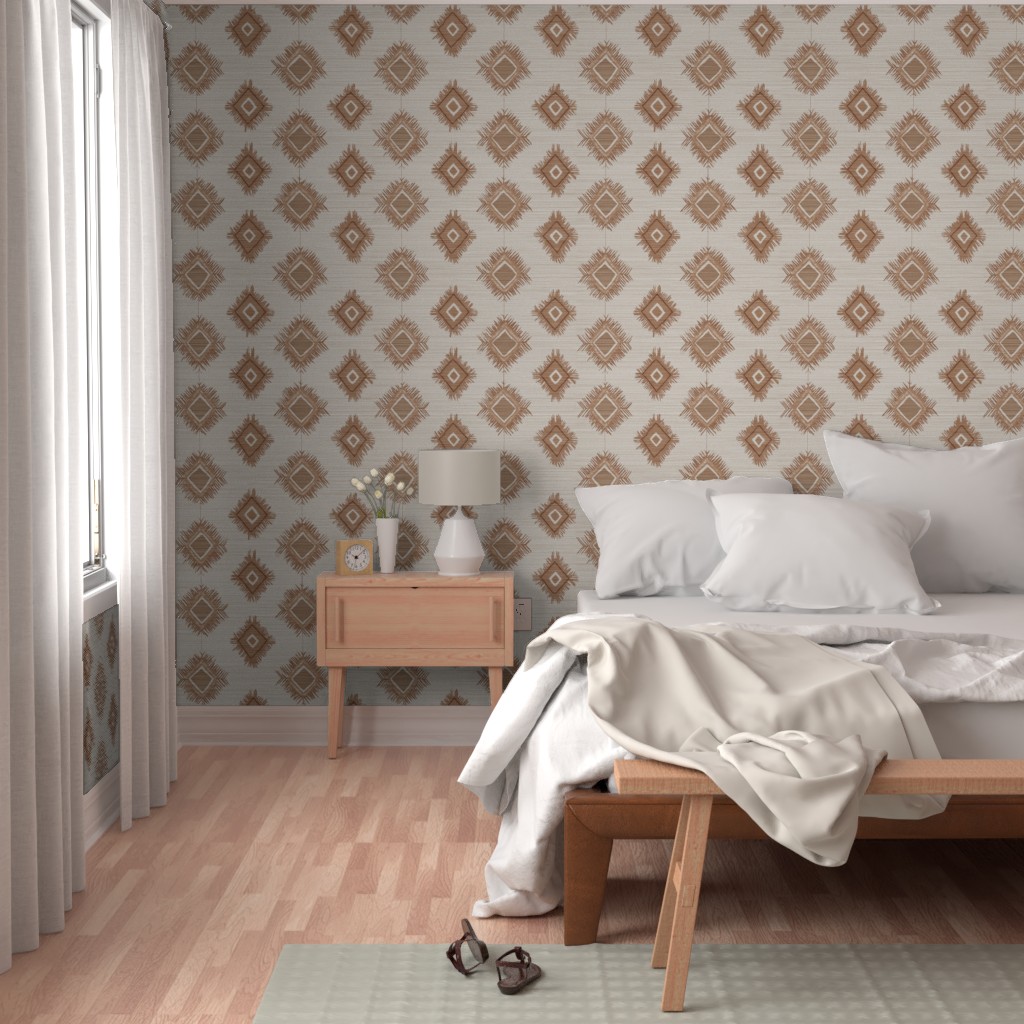 Bedroom with a bright window, bed and wood furniture with Peel and Stick wallpaper on the walls