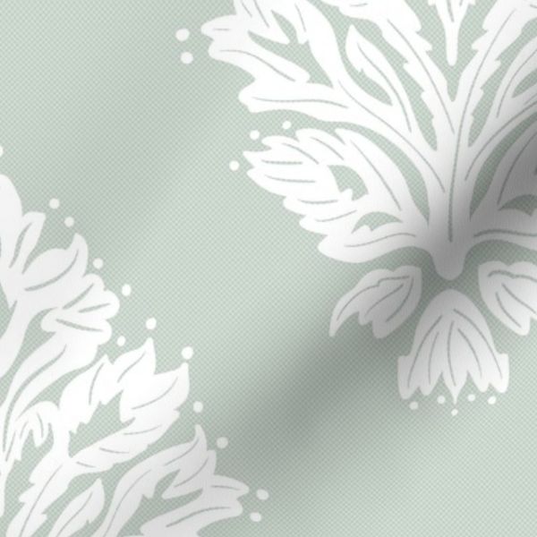 M - Scandinavian Gustavian Leaf Damask Modern Vintage white on sage green