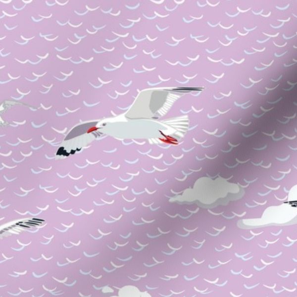 Seagull birds fluffy clouds ocean wave coastal chic Wisteria