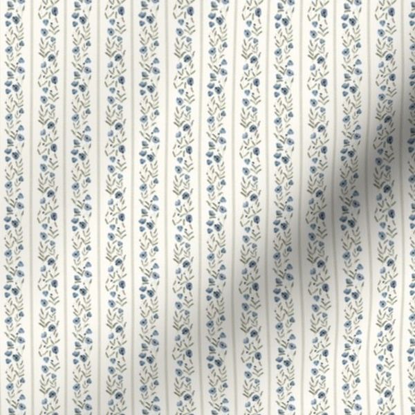 Micro Blue Poppy Leaf Stripe Watercolor Flowers Grandmillennial Wallpaper