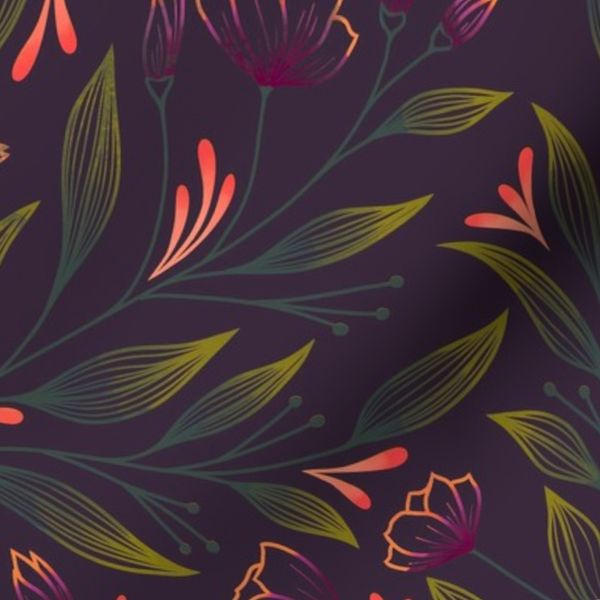 Midnight Poppies Green Purple