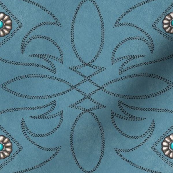 Cowboy Boot Stitches with Silver and Turquoise Conchos on teal leather