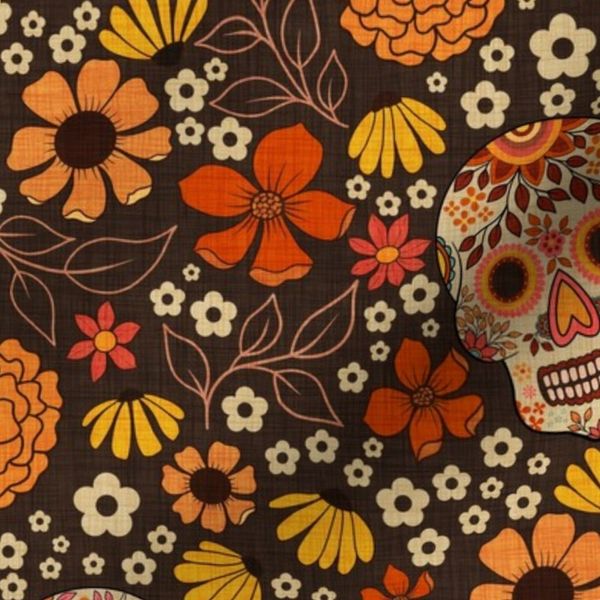 Day Of The Dead Sugar Skulls & Flowers Ditsy Medium Textured Background