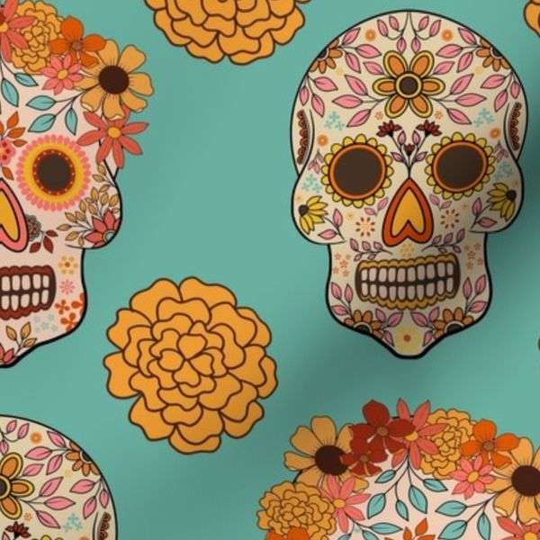 Day Of The Dead Sugar Skulls & Flowers Medium Blue Green Background