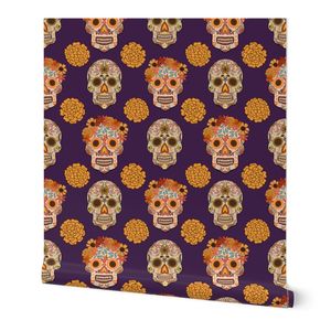 Day Of The Dead Sugar Skulls & Flowers Medium Purple Background