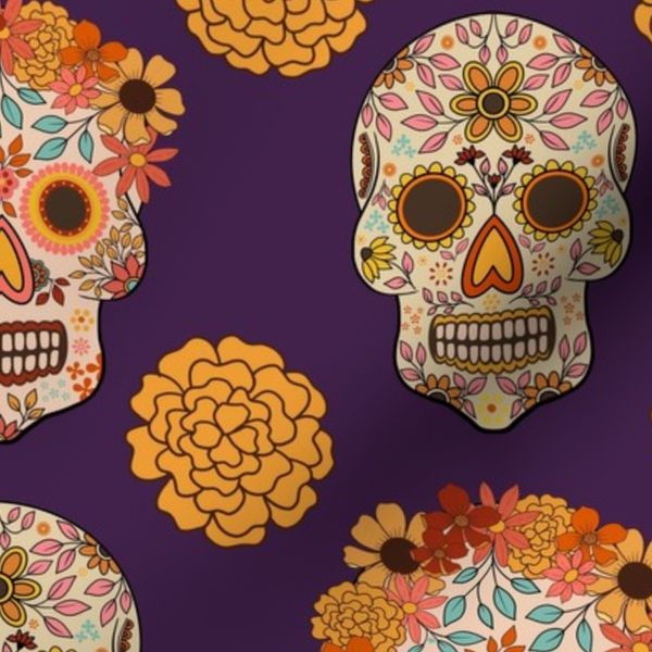 Day Of The Dead Sugar Skulls & Flowers Medium Purple Background
