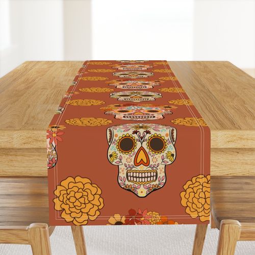 Day Of The Dead Sugar Skulls & Flowers Large Rust Background