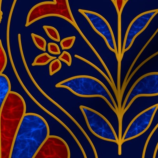 Jewel Tone Floral Art Deco Damask (Large Size) -  Navy Blue