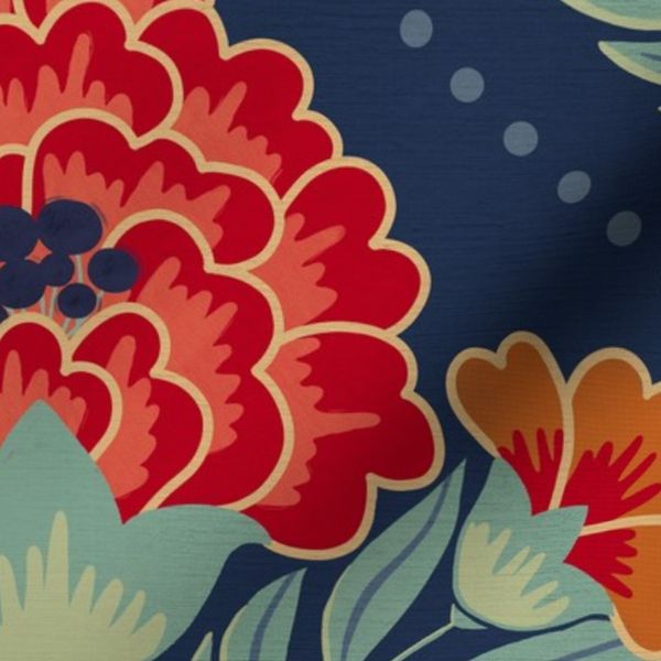 Vintage Ornamental Floral Wallpaper in Navy with Red & Green Blooms /L