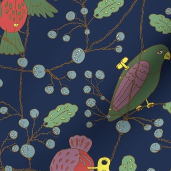Clockwork Birds in wire vines - bright on dark background