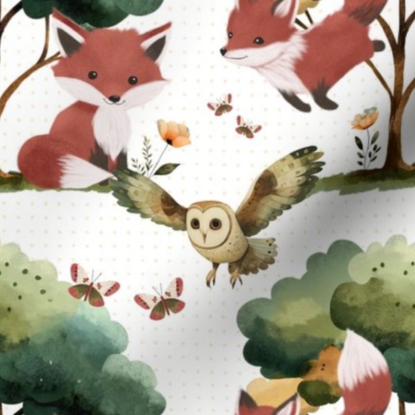Whimsical Autumn Fox and Folk Owl Pattern - Trees Butterflies and Foxes