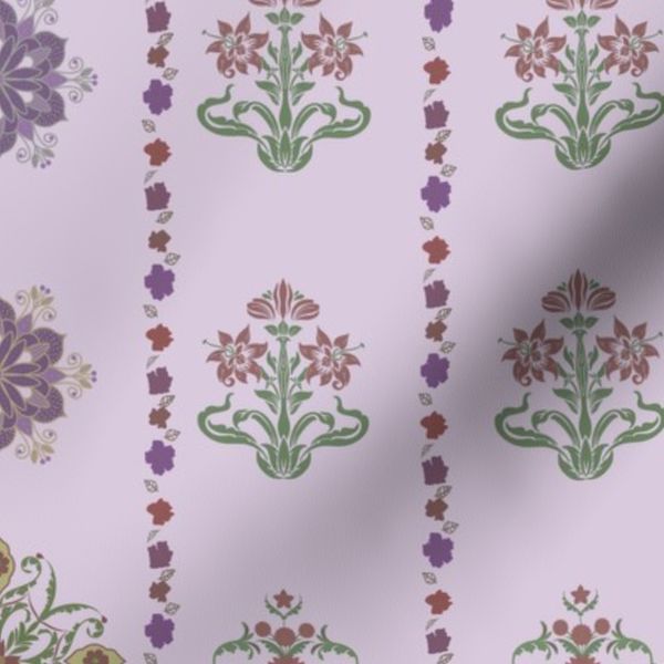 Elegant Vintage Floral Motif Pattern On Lavender Grey Fabric-