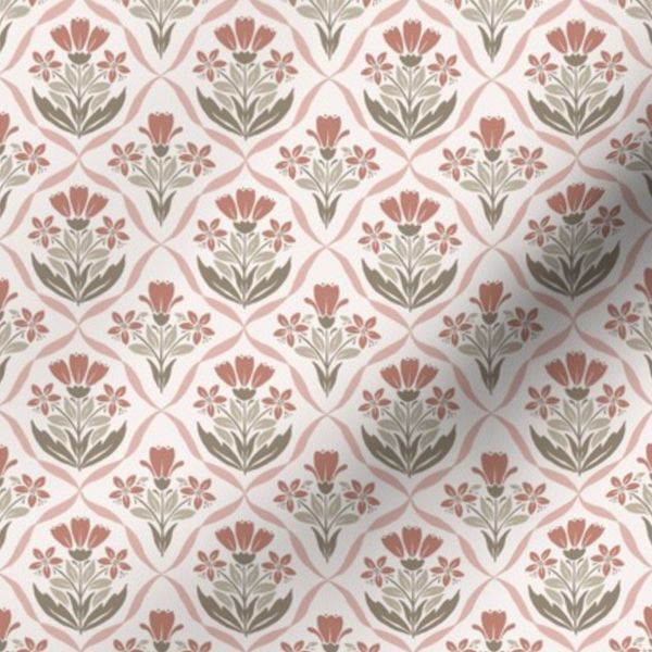 Emily Vintage Folk Floral Tile in Terracotta Rose Pink and Beige (small)