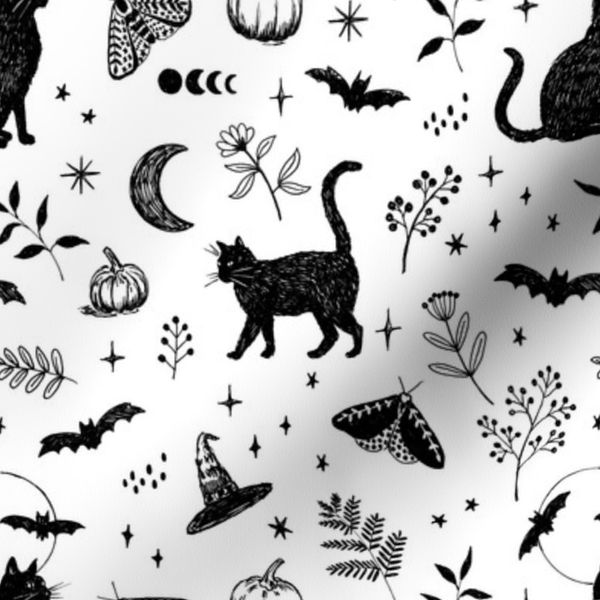 Small Mystical Halloween Pattern Black Cats Moons and Magic Ghost White