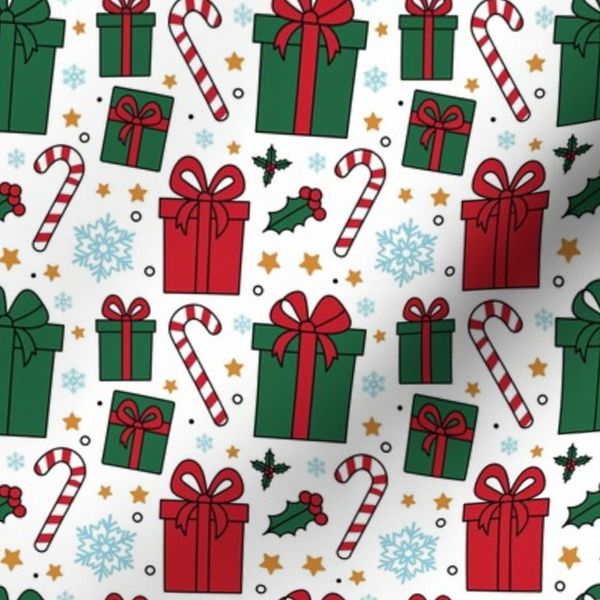 Christmas Gifts Holiday Pattern - Red Green Presents Candy Canes Holly Star