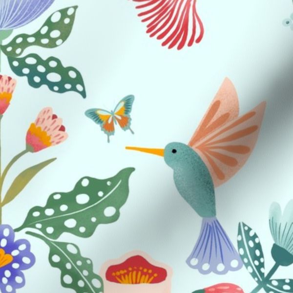 (L) Eden floral and Hummingbirds - light blue
