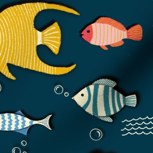 Colorful Fish Pool on Navy PAPER CUT STYLE bright and bold