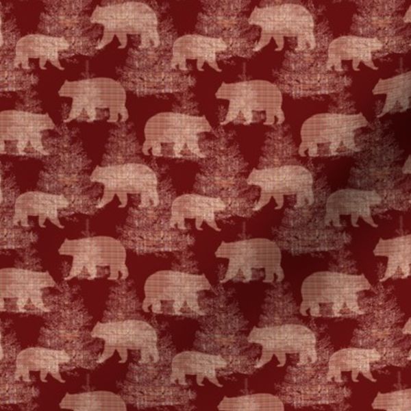 Plaid Bears In Fir Forest in Small Scale on Deep Red