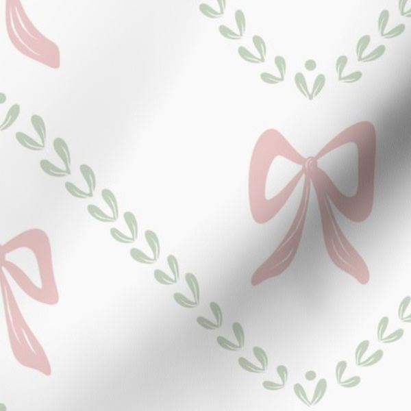 Blush Pink & Frosted Sage Preppy Christmas Ribbon Bows & Leaf Chevron
