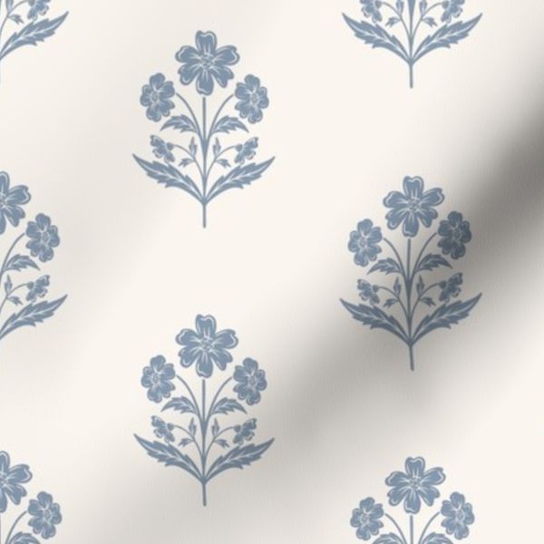 Rustic Hand Drawn boho Floral Block Print in ivory & muted blue gray- small