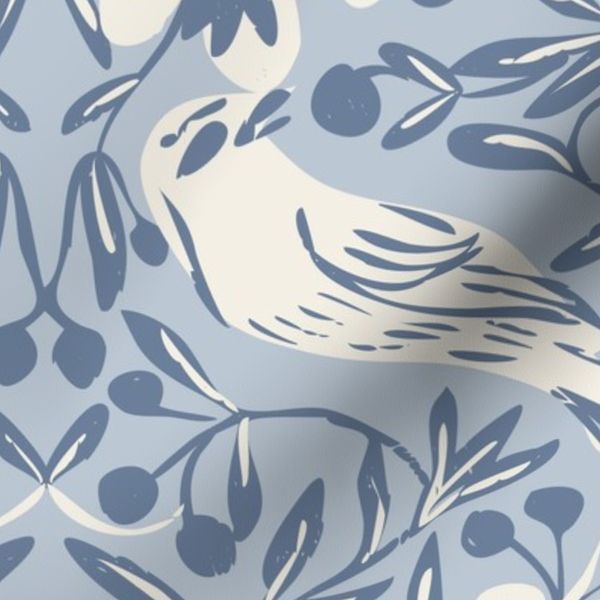 Blue Cream Birds and Berries Grandmillennial Ornate Floral Vine jumbo