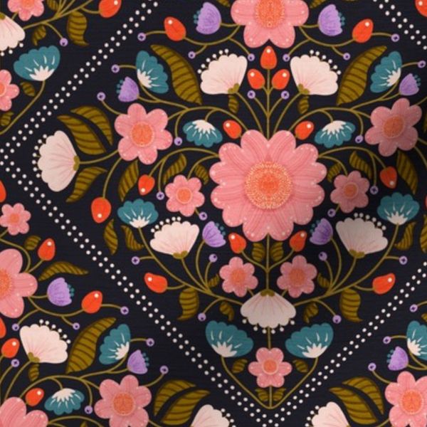 Vivid Ditsy Folk Floral Damask Print / S size