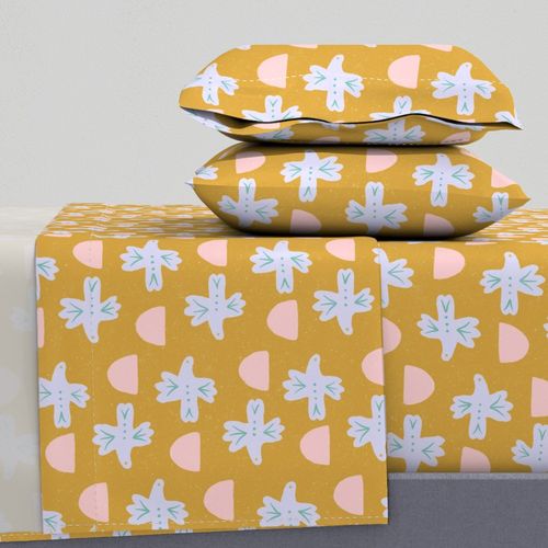 minimalist Scandi folk birds & semi circles - lilac & pink on mustard