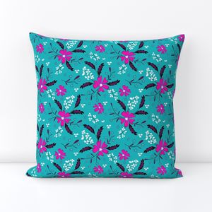 Colorful floral pattern. Neon pink flowers on turquoise.