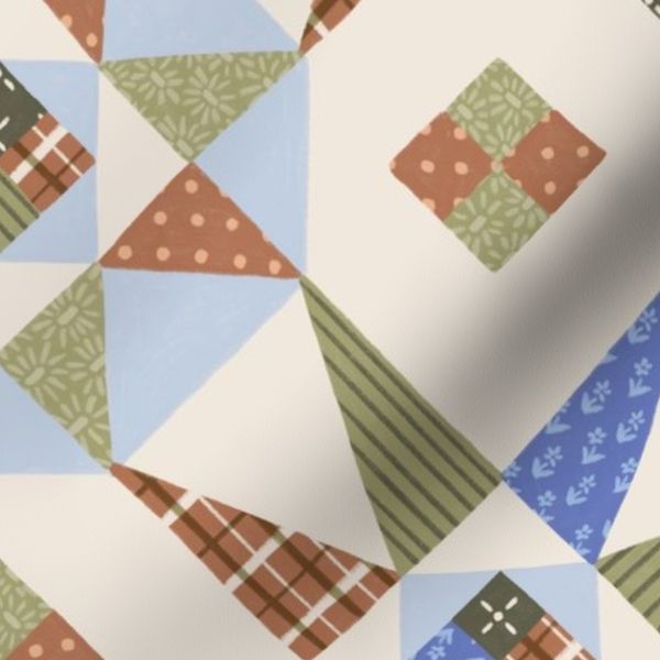Rustic Sawtooth Star Patchwork Quilt in Beige and Cornflower Blue - XLarge