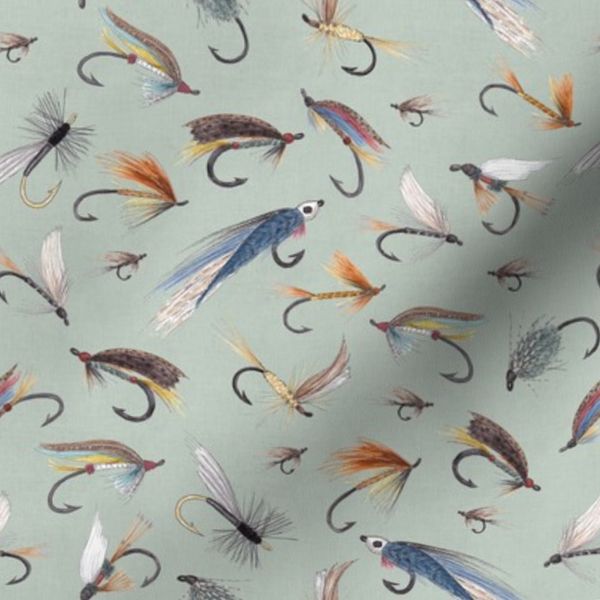 Large Scale - Hand Painted Watercolor Fly Fishing Lures on Light Teal