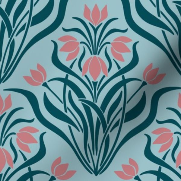Elegant Art Nouveau Floral Print in Teal and Pink