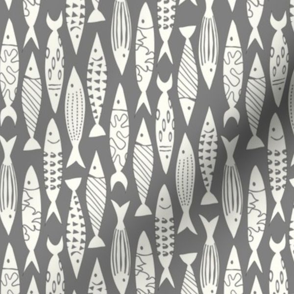 (S) Lake House Fish Modern Hand Drawn Coastal Modern Warm Gray Cream