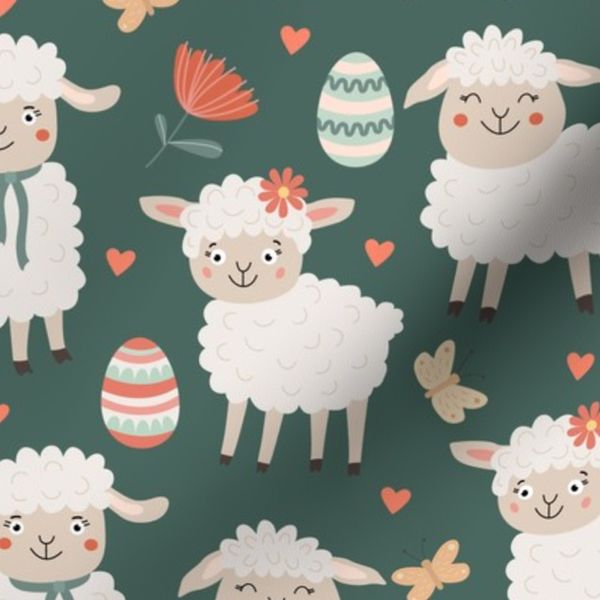 Little funny lambs with easter eggs on green background