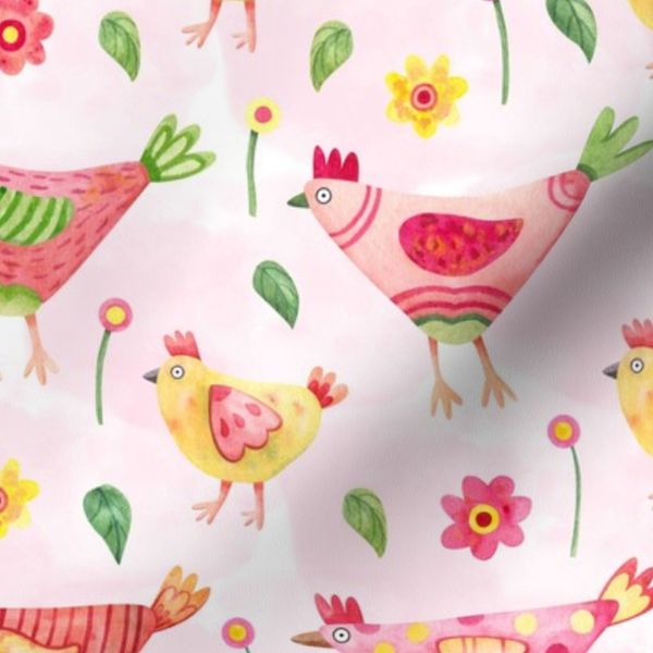 Easter pattern with funny hens little chickens and flowers on pink