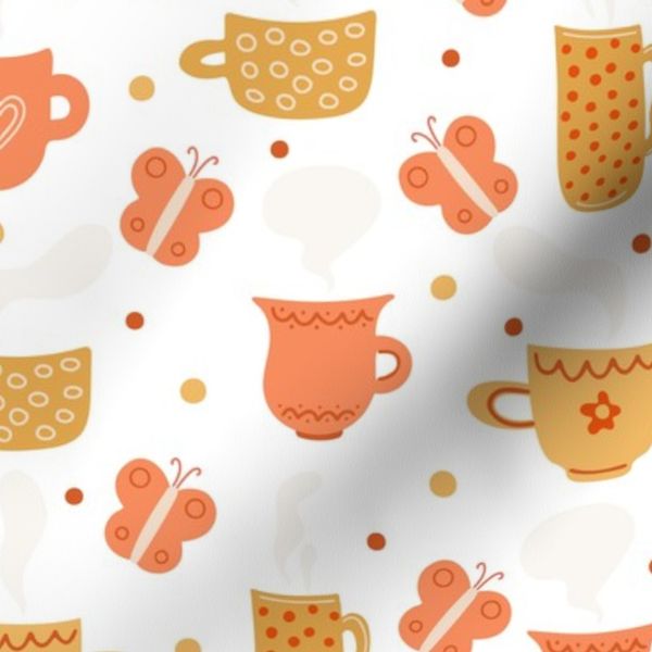 Decorative pattern with mugs and butterflies on white background.