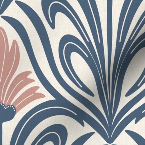 Retro Decorative Art Nouveau Botanical Floral -  Steel Blue Dusty Pink