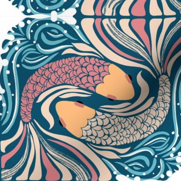 Retro Nouveau Whimsical Fish with Curvy Lines Pink blue white