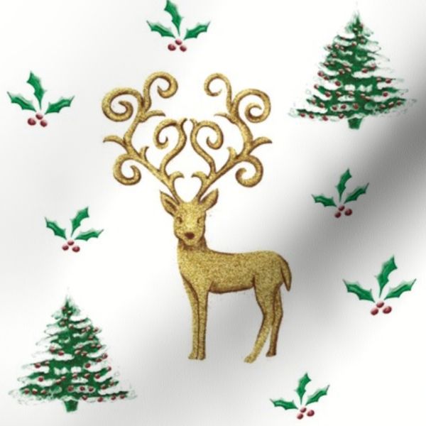 Golden Reindeer with Holly and Snowy Pines