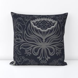 Intricately drawn florals in grey and navy blue (L)